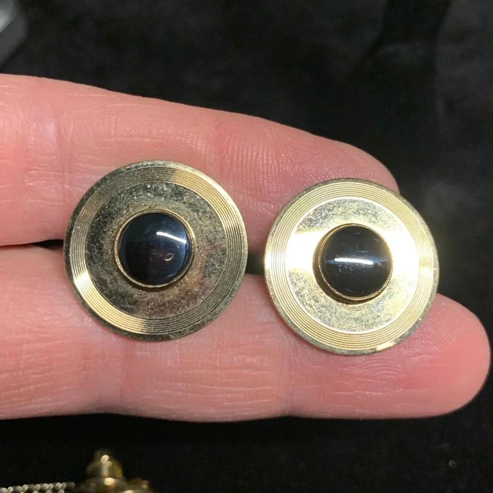 Vintage 12K Gold Filled Cufflinks and Tie Tack Set Gray Black Cabochon Mens 0253